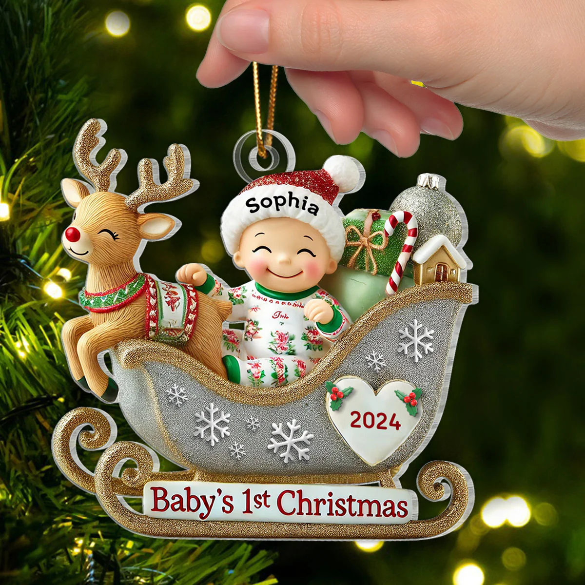 Baby First Christmas Newborn On Sleigh Keepsake - Personalized Acrylic Ornament - Image 5