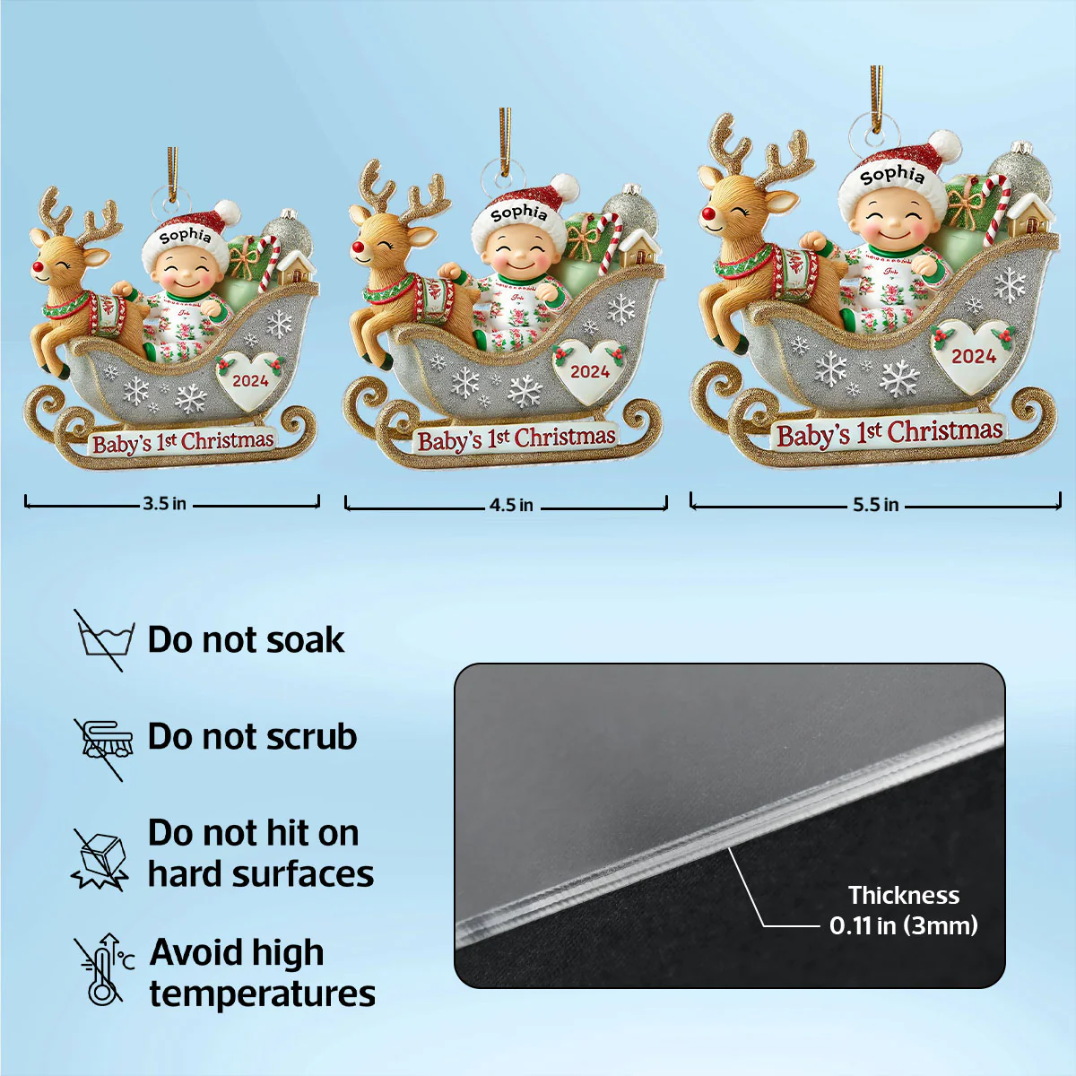 Baby First Christmas Newborn On Sleigh Keepsake - Personalized Acrylic Ornament - Image 7