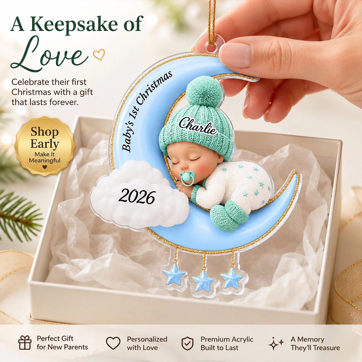 Baby First Christmas On The Moon - Personalized Acrylic Ornament - Baby Boy Girl Gift for Couples, New Parents Keepsake, Gift for Newborn - Image 9