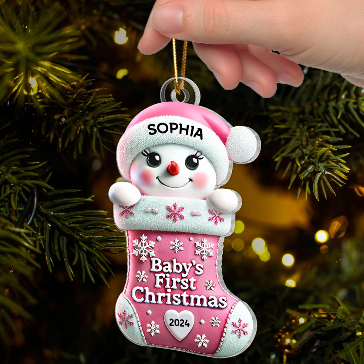 Baby First Christmas Snowman On Stocking 1st Christmas Keepsake Personalized Acrylic Ornament - Image 4