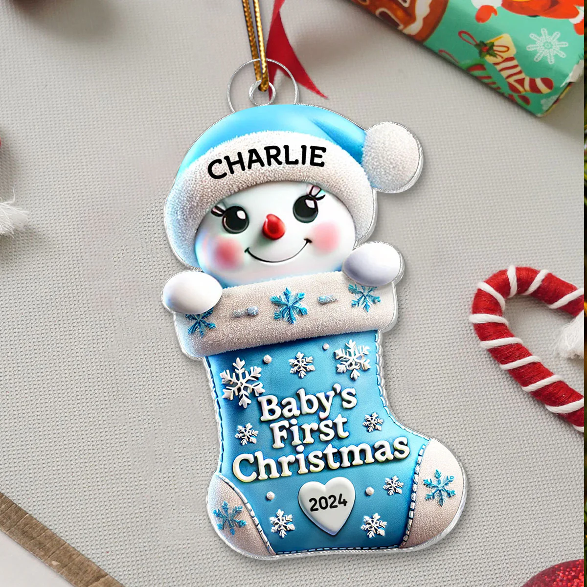 Baby First Christmas Snowman On Stocking 1st Christmas Keepsake Personalized Acrylic Ornament - Image 5