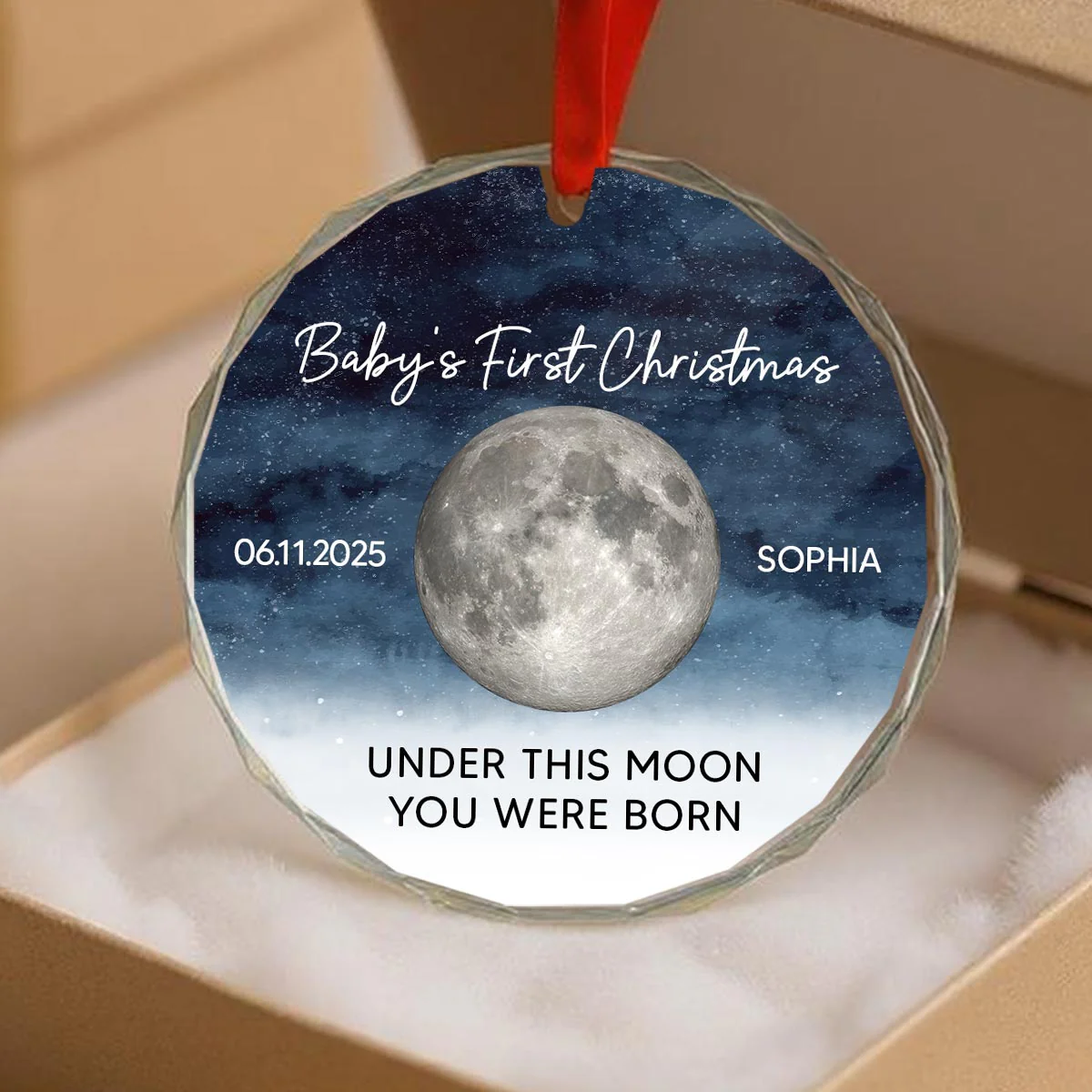 Baby First Christmas Under This Moon You Were Born Custom Moon Phase - Personalized Glass Ornament - Image 2