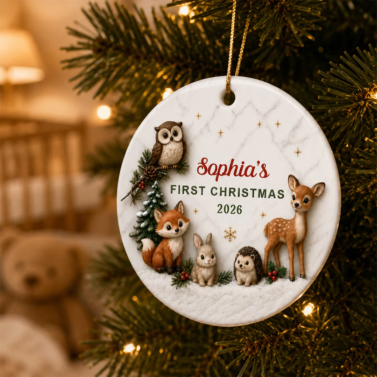 Baby First Christmas Woodland Animals 2D Flat - Personalized Ceramic Ornament - Christmas Keepsake - Image 2