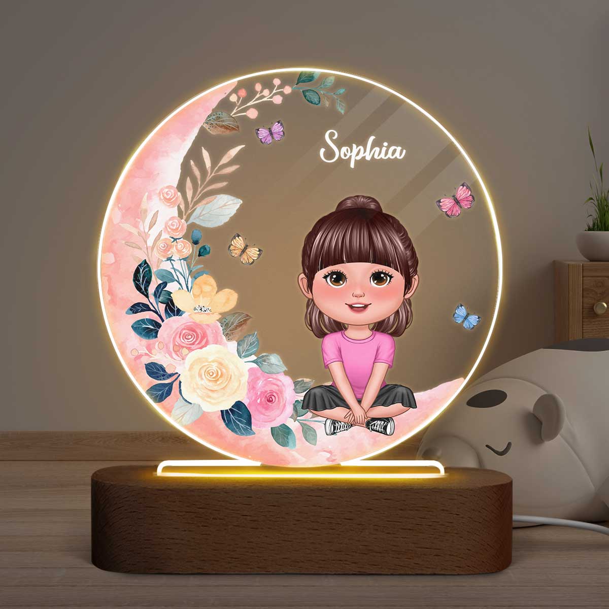 Baby Girl Gift Watercolor Flower Moon Personalized Circle Acrylic LED Night Light - Image 3