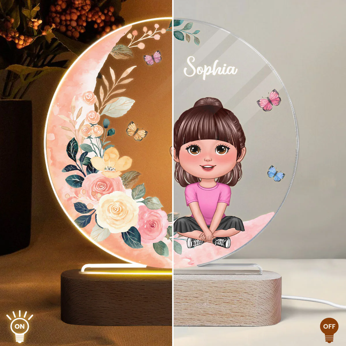 Baby Girl Gift Watercolor Flower Moon Personalized Circle Acrylic LED Night Light - Image 4