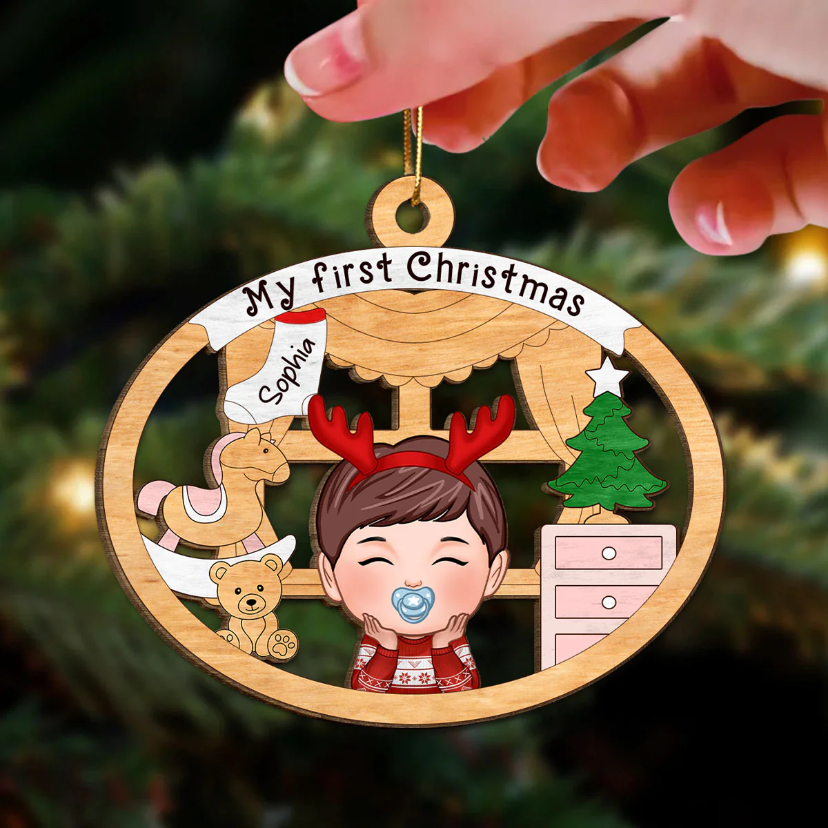 Baby Girl or Boy Baby's First Christmas Personalized Wooden Ornament - Image 2