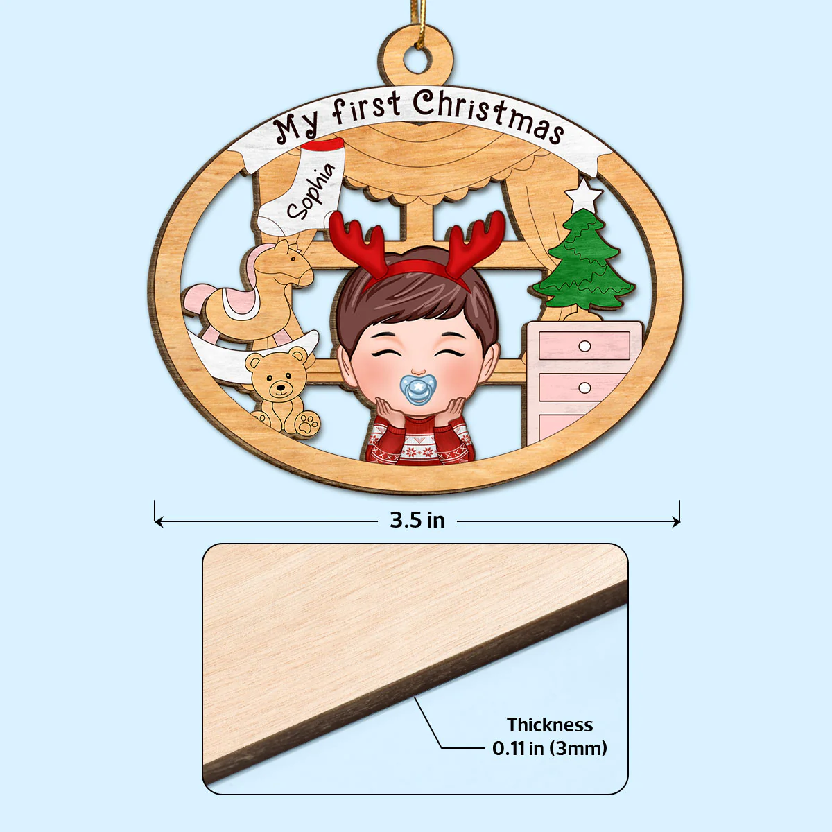Baby Girl or Boy Baby's First Christmas Personalized Wooden Ornament - Image 3