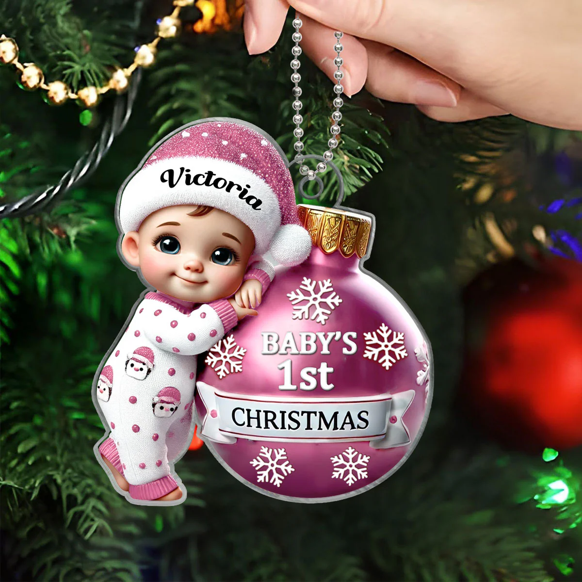 Baby Holding Bauble First Christmas Personalized 2D Flat Acrylic Ornament, Christmas Gift for New Mom, New Dad, Baby Keepsake - Image 2