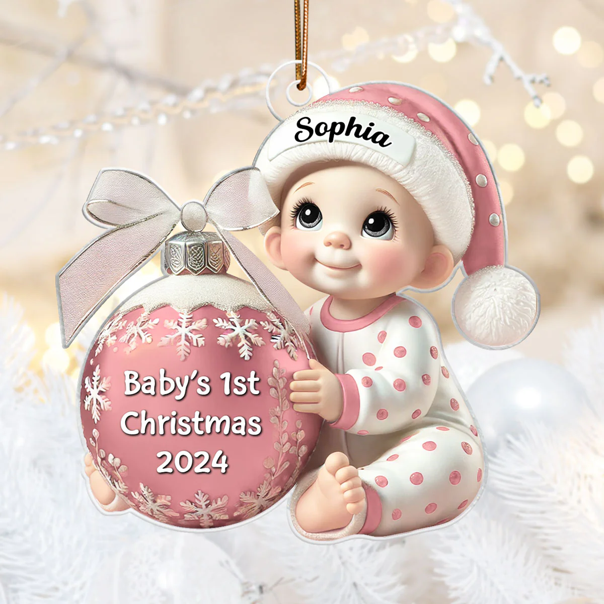 Baby Holding Christmas Bauble 3D Effect Baby's First Christmas Personalized Acrylic Flat Ornament - Image 2