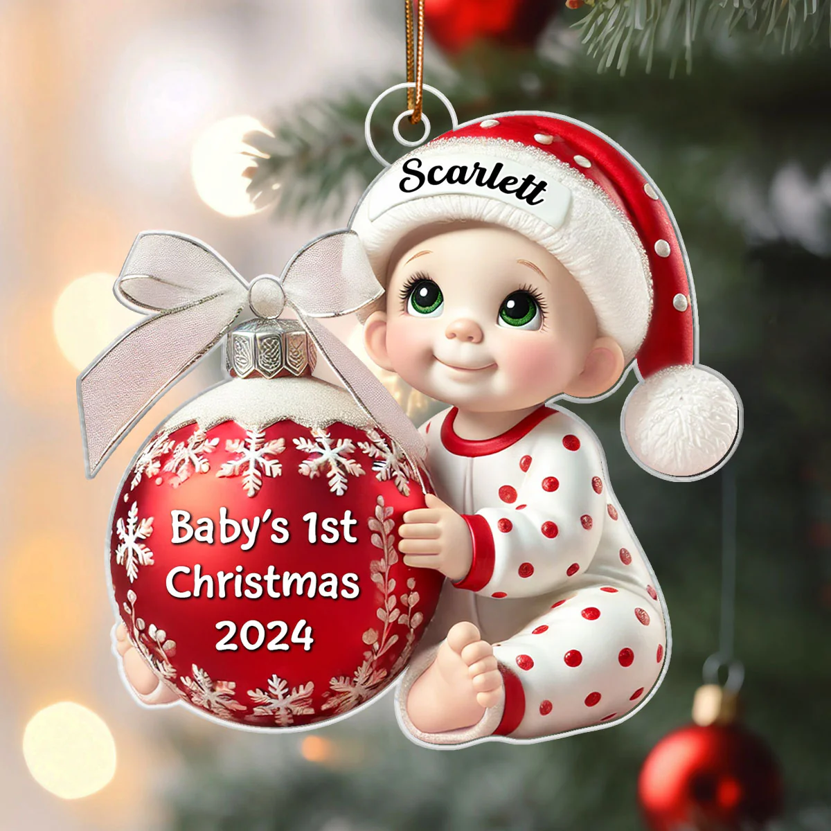 Baby Holding Christmas Bauble 3D Effect Baby's First Christmas Personalized Acrylic Flat Ornament - Image 3