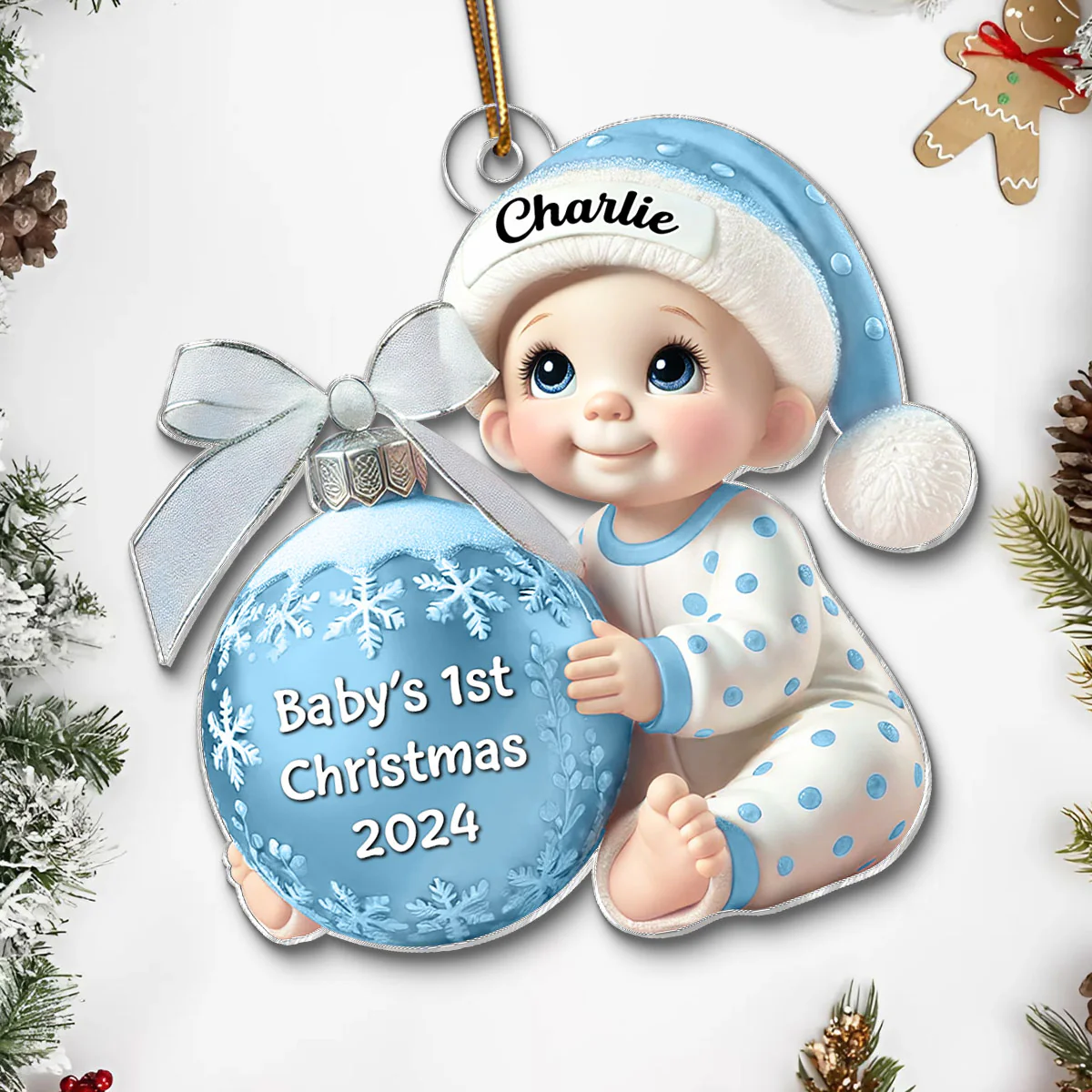 Baby Holding Christmas Bauble 3D Effect Baby's First Christmas Personalized Acrylic Flat Ornament - Image 4