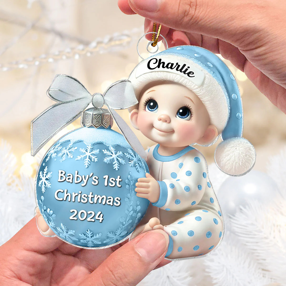 Baby Holding Christmas Bauble 3D Effect Baby's First Christmas Personalized Acrylic Flat Ornament - Image 5