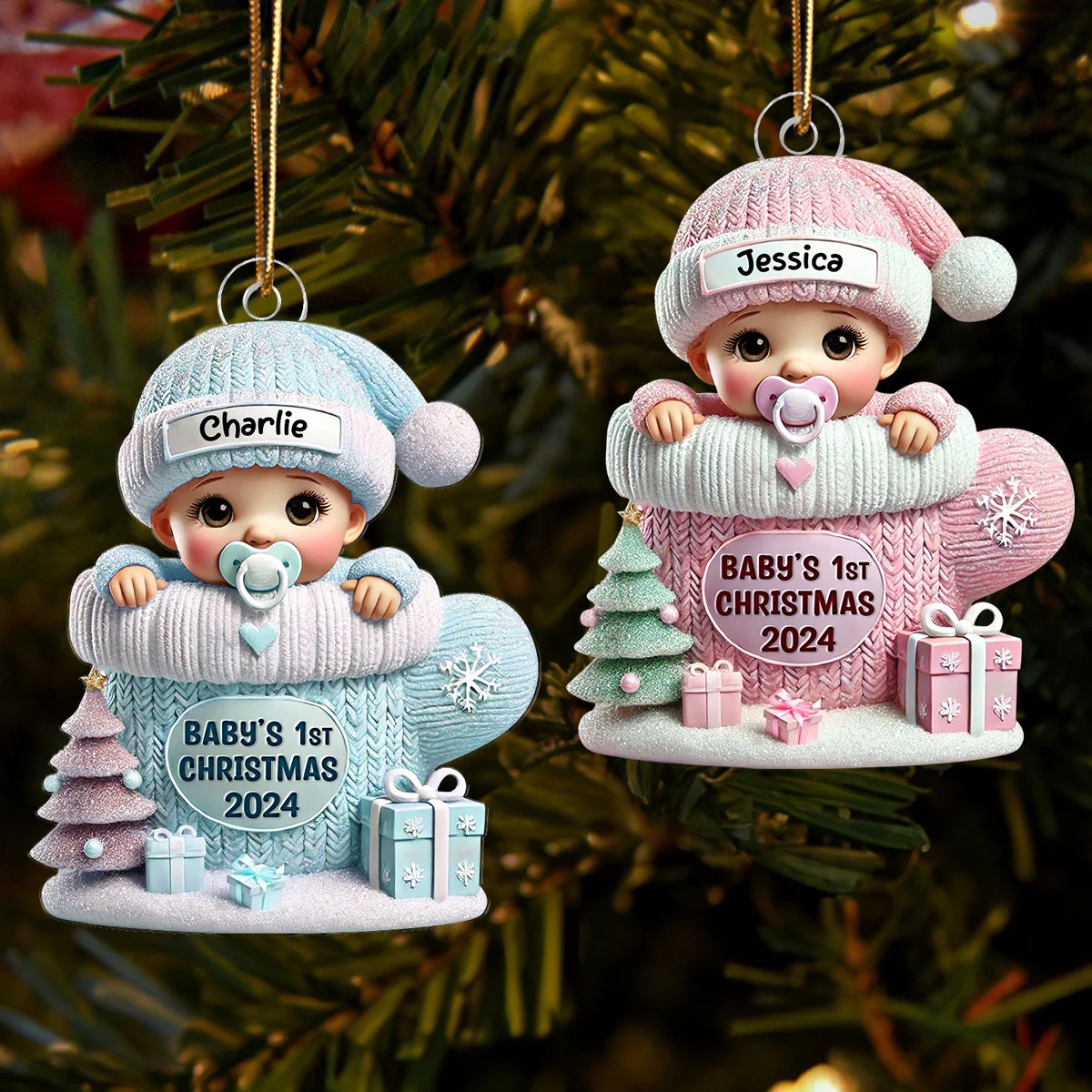 Baby In Mitten 3D Effect Baby's First Christmas - Personalized Acrylic Ornament