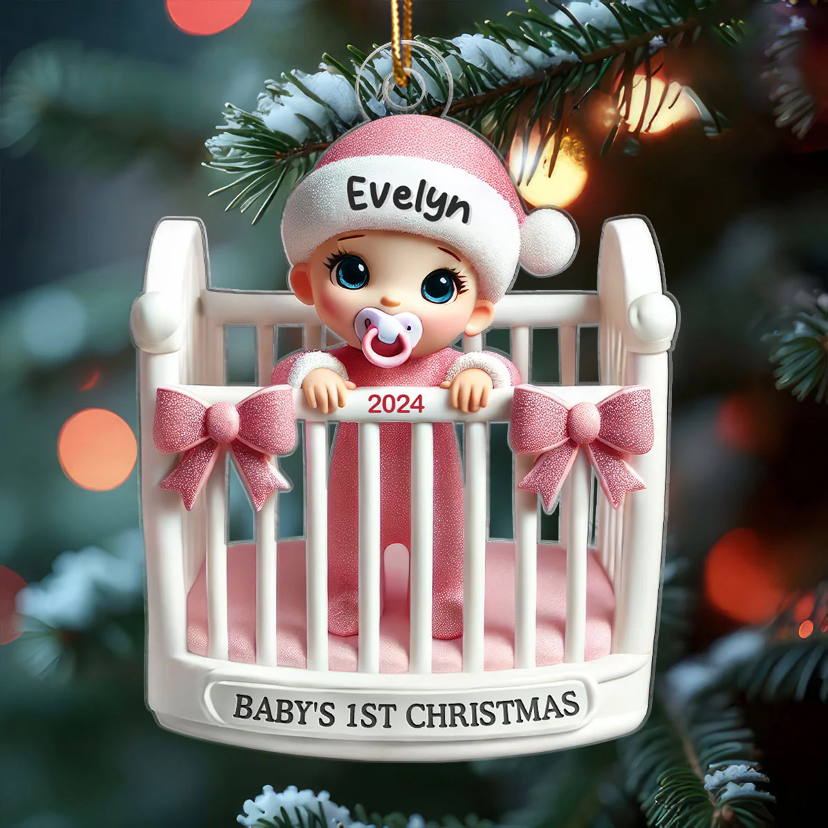 Baby Inside Crib 3D Effect Baby's First Christmas Personalized Acrylic Flat Ornament