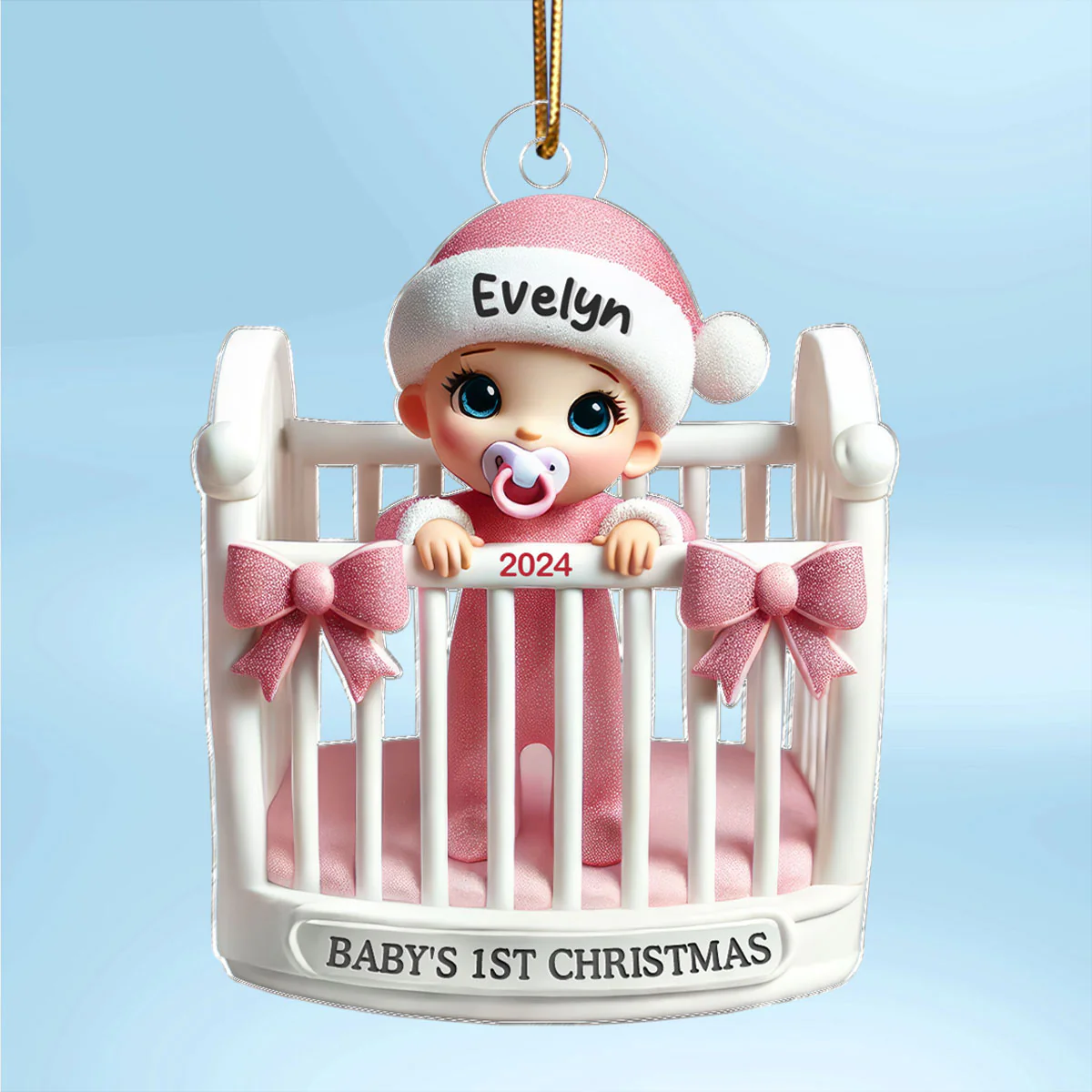 Baby Inside Crib 3D Effect Baby's First Christmas Personalized Acrylic Flat Ornament - Image 2