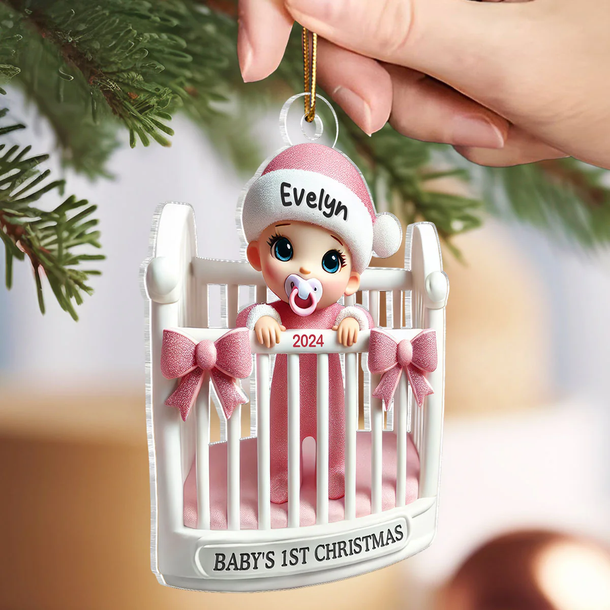 Baby Inside Crib 3D Effect Baby's First Christmas Personalized Acrylic Flat Ornament - Image 3