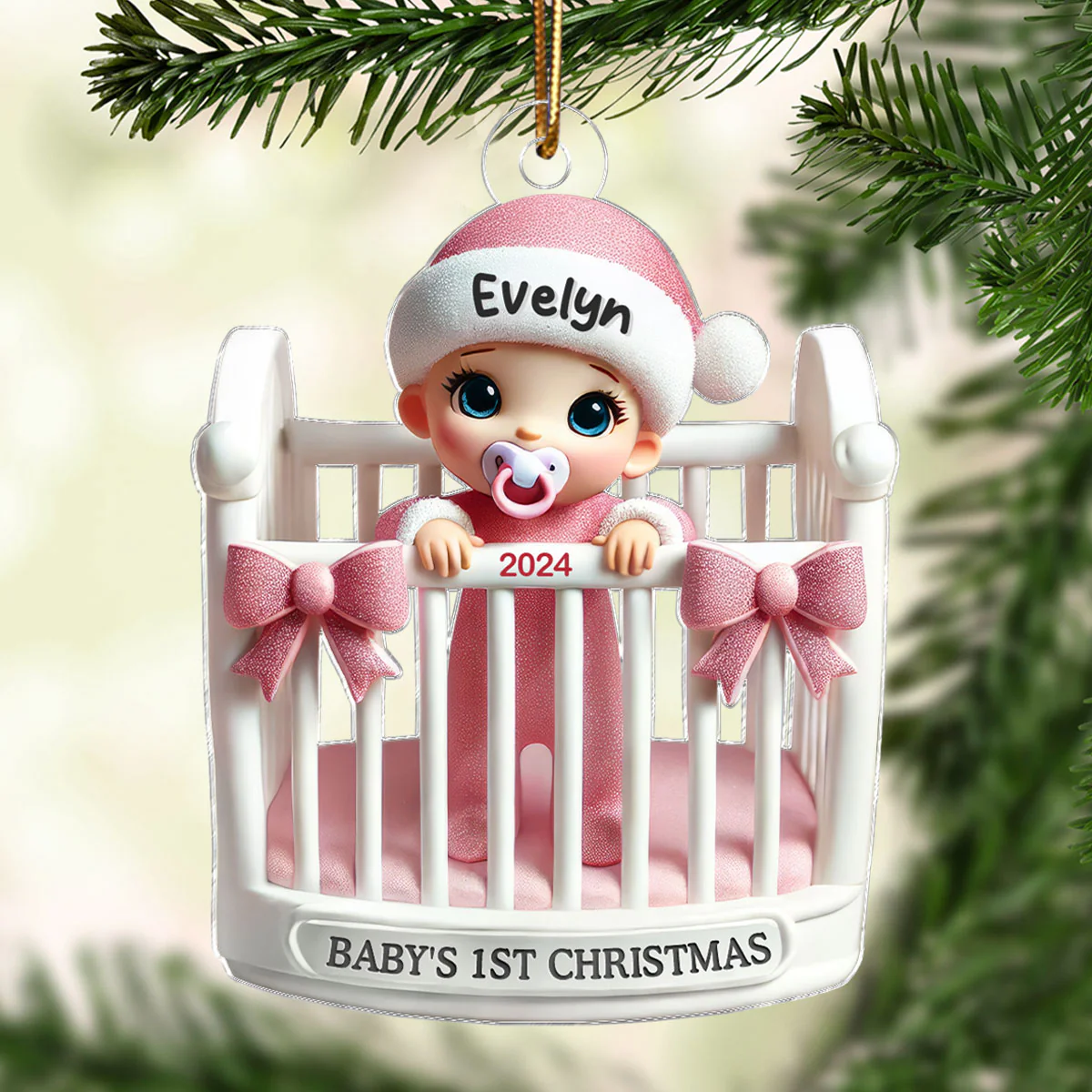 Baby Inside Crib 3D Effect Baby's First Christmas Personalized Acrylic Flat Ornament - Image 4
