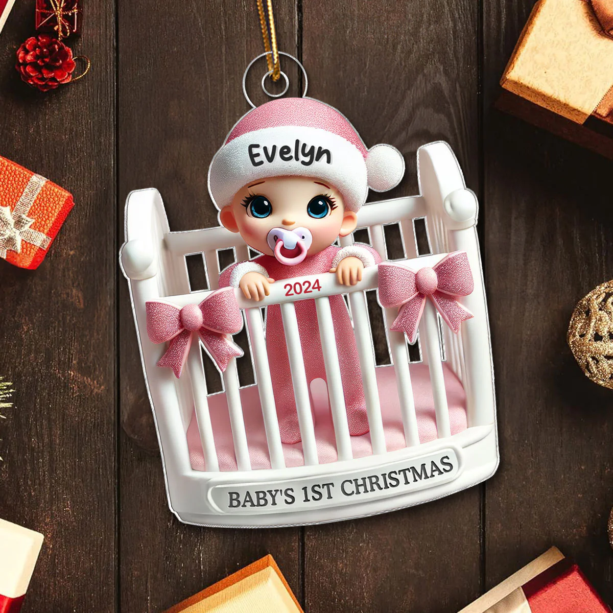 Baby Inside Crib 3D Effect Baby's First Christmas Personalized Acrylic Flat Ornament - Image 5