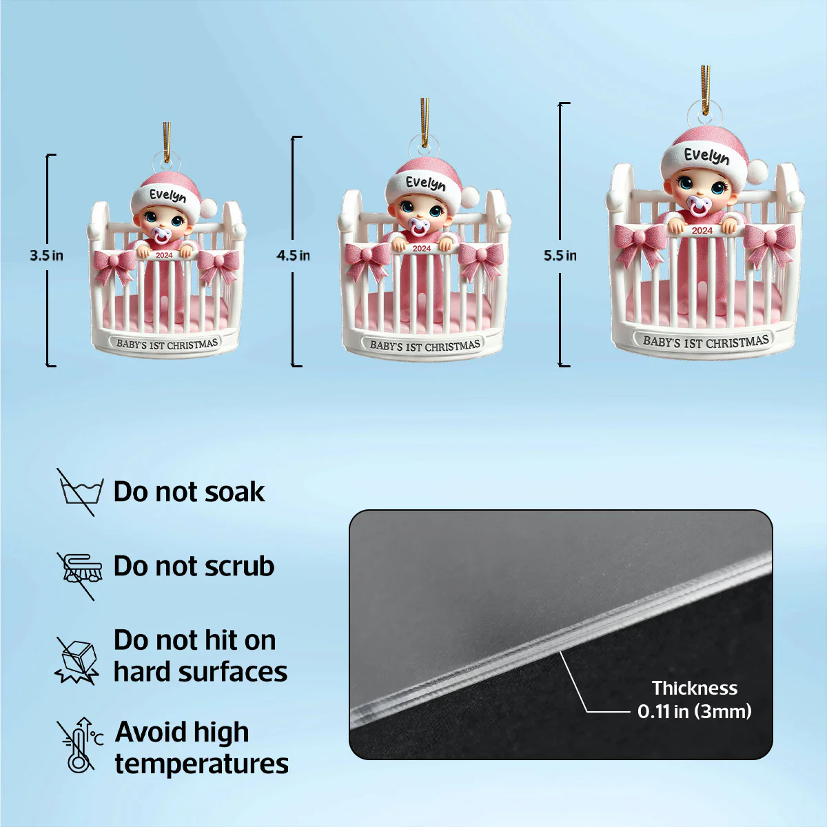 Baby Inside Crib 3D Effect Baby's First Christmas Personalized Acrylic Flat Ornament - Image 6