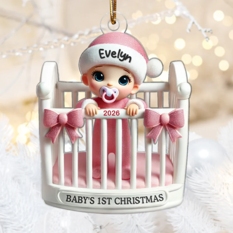 Baby Inside Crib 3D Effect Baby's First Christmas Personalized Acrylic Flat Ornament - Image 7
