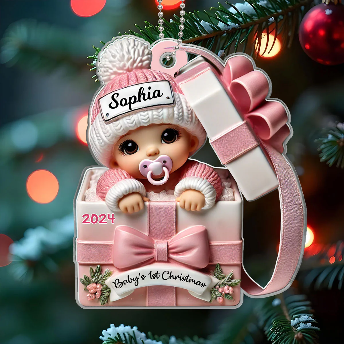 Baby Inside Gift Box 3D Effect Personalized Acrylic Ornament, Lovely Keepsake to Celebrate Baby's First Christmas