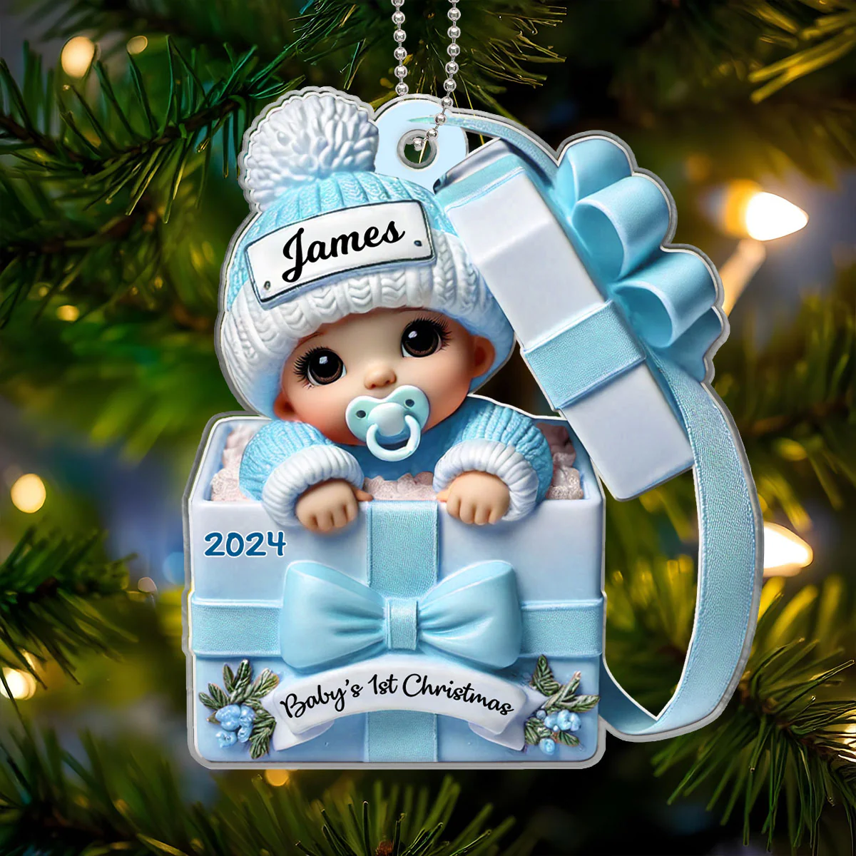 Baby Inside Gift Box 3D Effect Personalized Acrylic Ornament, Lovely Keepsake to Celebrate Baby's First Christmas - Image 2