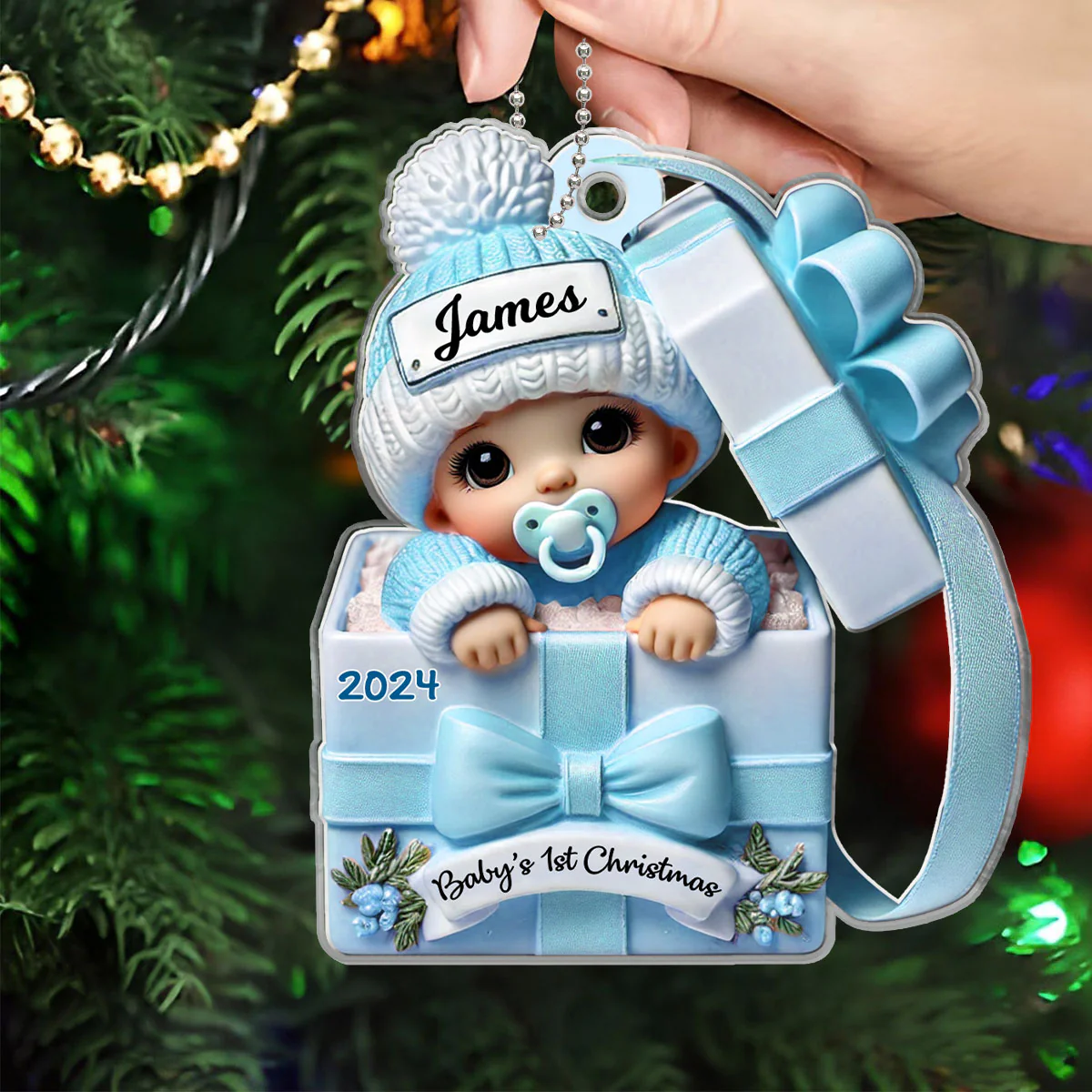 Baby Inside Gift Box 3D Effect Personalized Acrylic Ornament, Lovely Keepsake to Celebrate Baby's First Christmas - Image 3