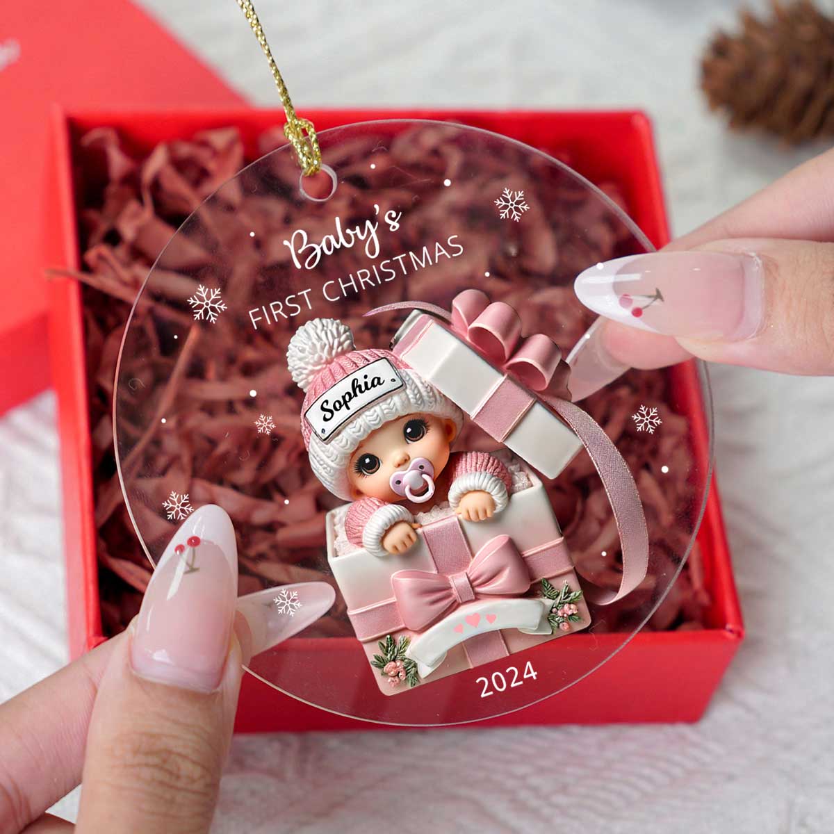 Baby Inside Gift Box Personalized Acrylic Ornament, Baby First Christmas Keepsake - Image 4