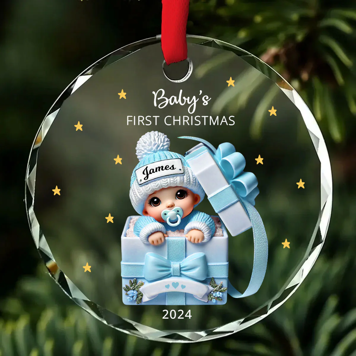Baby Inside Gift Box Personalized Glass Ornament, Baby First Christmas Keepsake