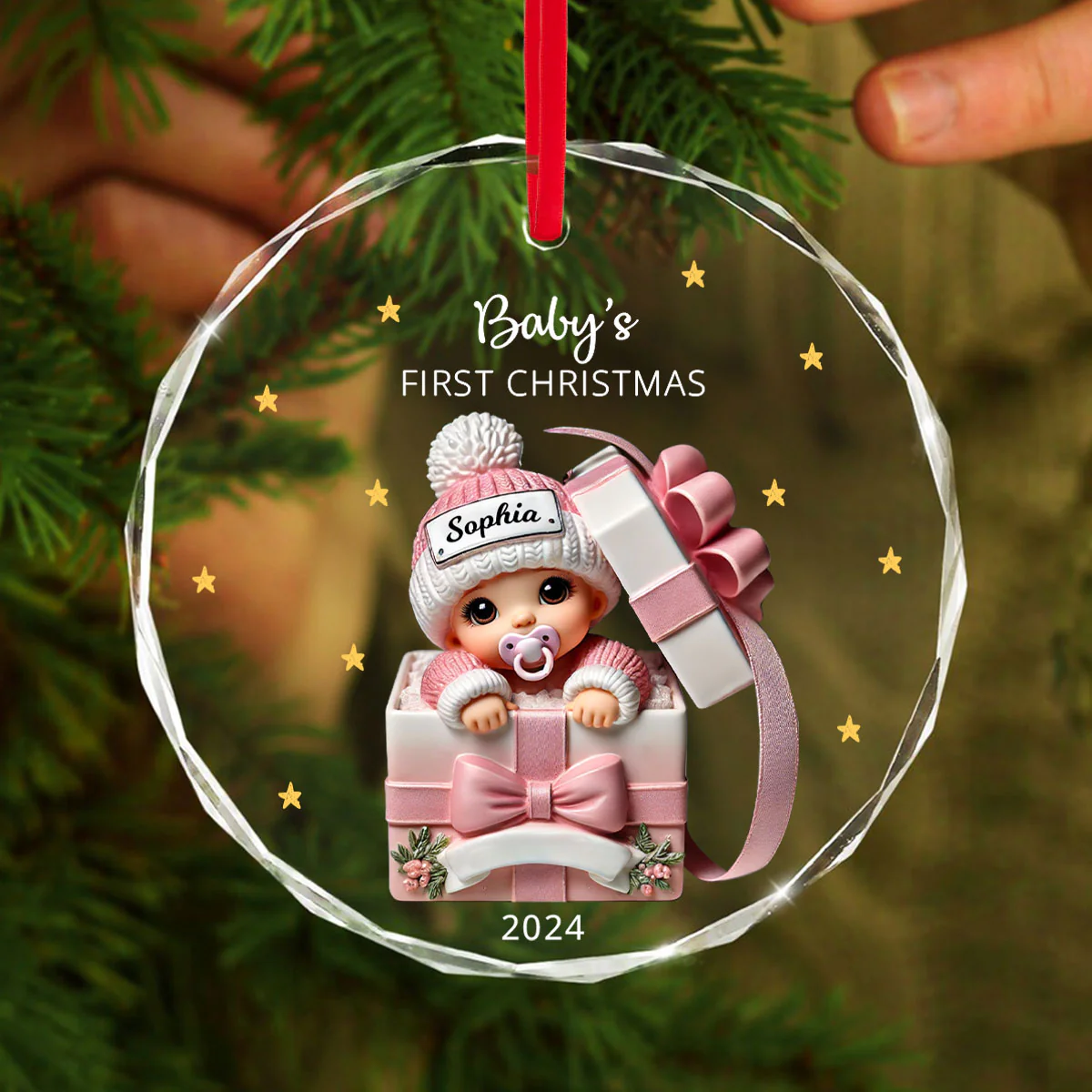 Baby Inside Gift Box Personalized Glass Ornament, Baby First Christmas Keepsake - Image 2