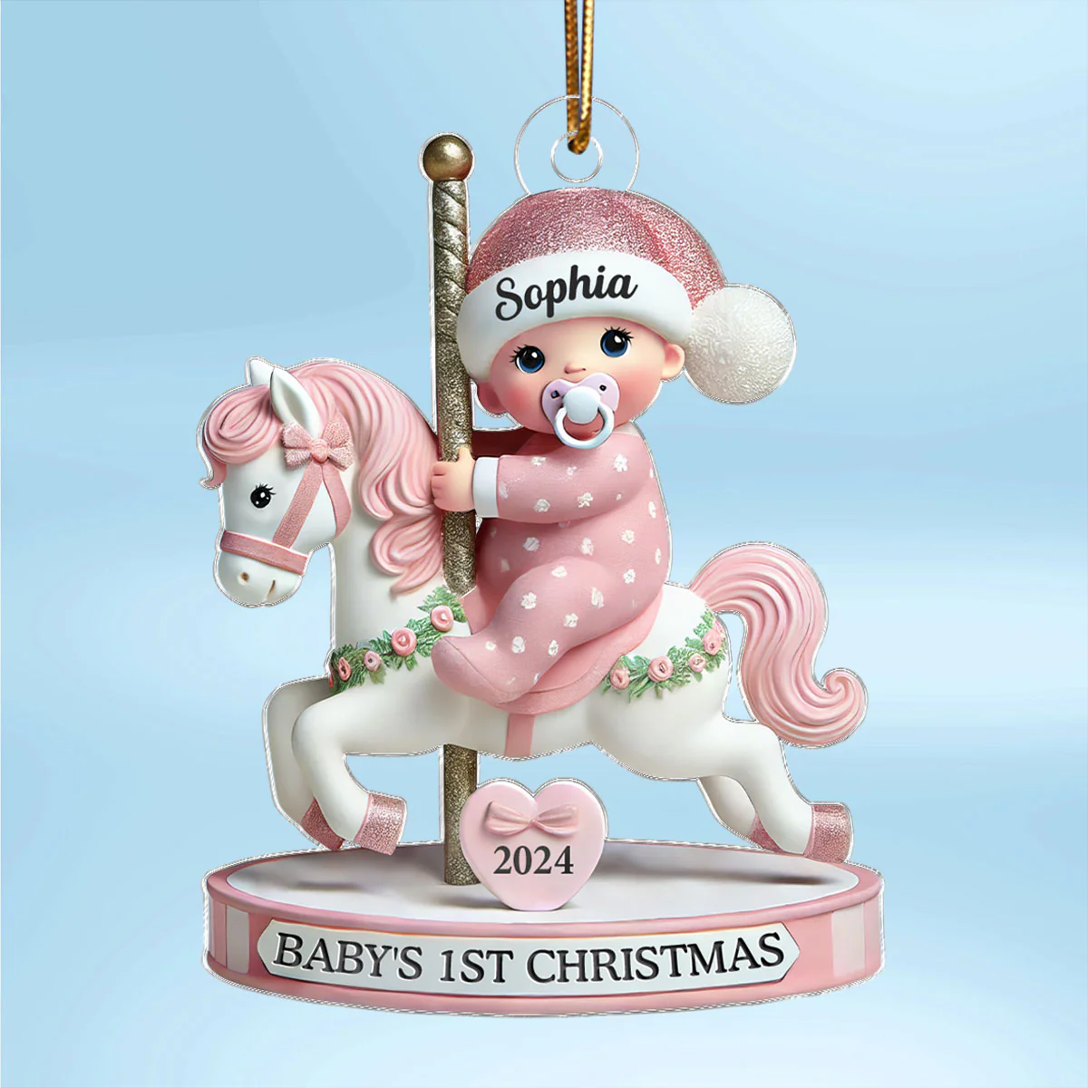 Baby On Merry-go-round Horse 1st Christmas Keepsake 3D Effect Personalized Acrylic Flat Ornament - Image 2