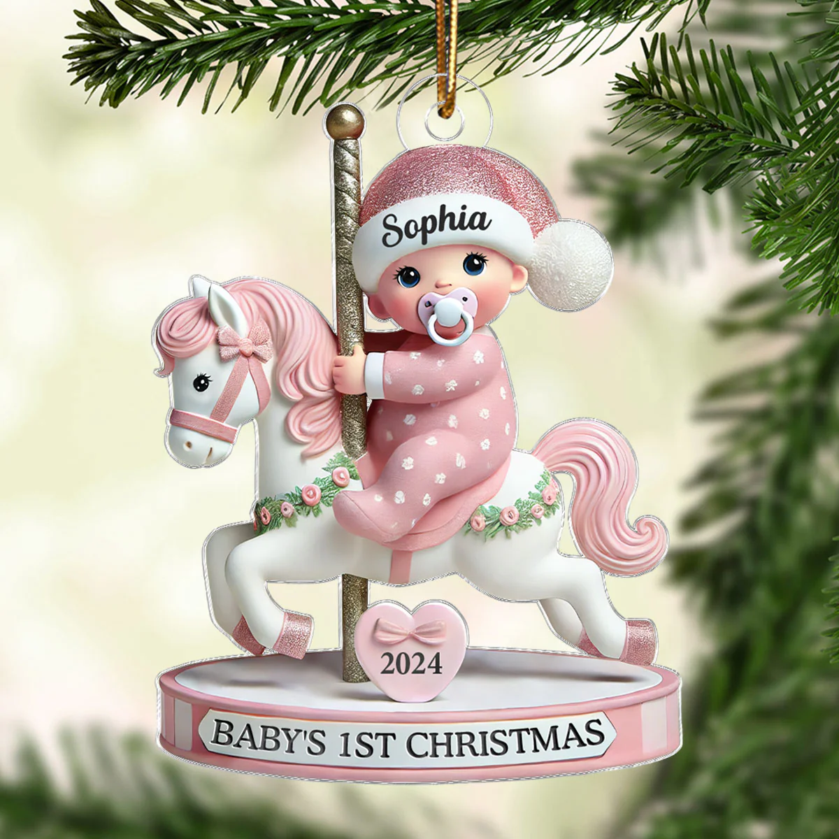 Baby On Merry-go-round Horse 1st Christmas Keepsake 3D Effect Personalized Acrylic Flat Ornament - Image 3