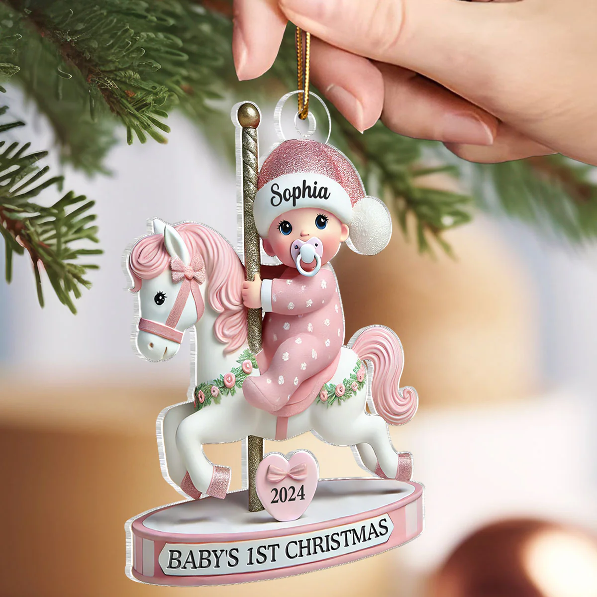 Baby On Merry-go-round Horse 1st Christmas Keepsake 3D Effect Personalized Acrylic Flat Ornament - Image 4