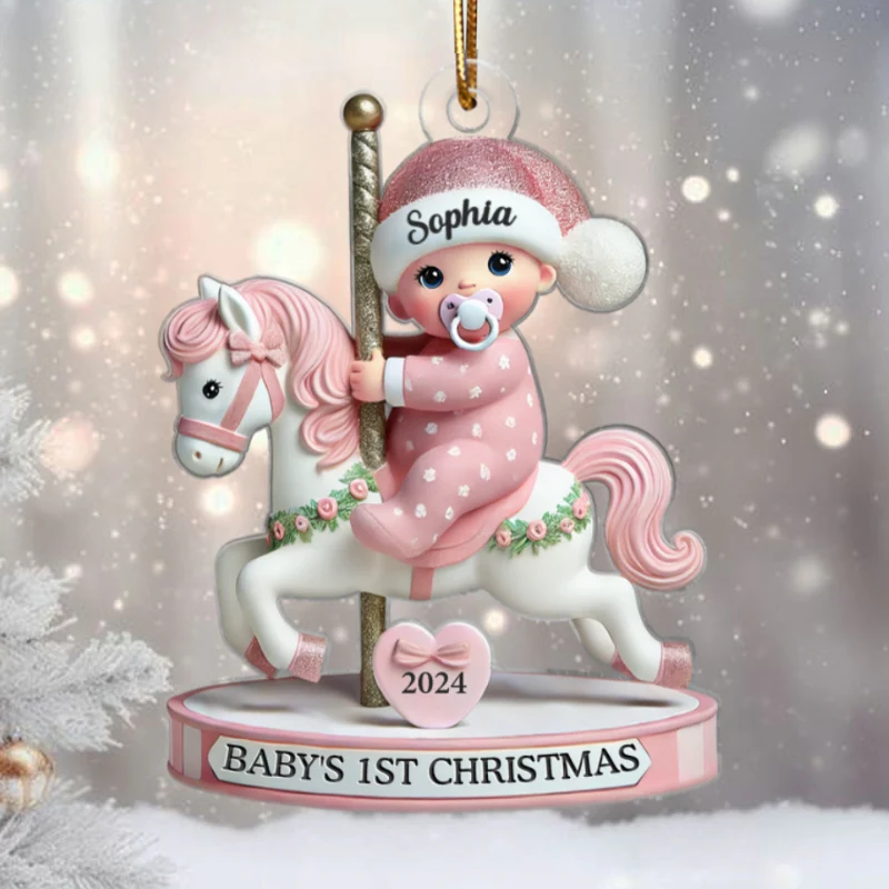 Baby On Merry-go-round Horse 1st Christmas Keepsake 3D Effect Personalized Acrylic Flat Ornament - Image 7