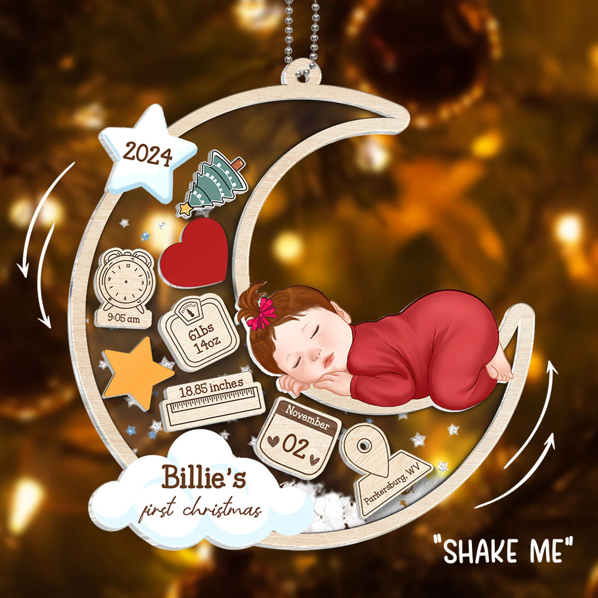 Baby Sleeping On Moon First Christmas Personalized 4D Shaker Ornament, Custom Newborn Gift
