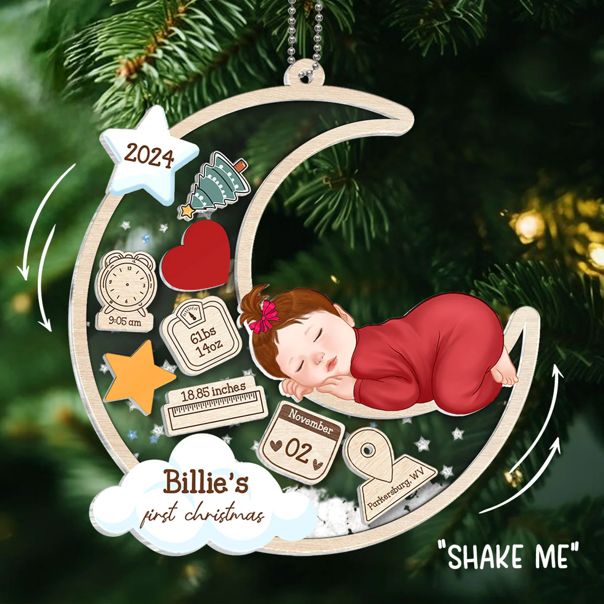 Baby Sleeping On Moon First Christmas Personalized 4D Shaker Ornament, Custom Newborn Gift - Image 2