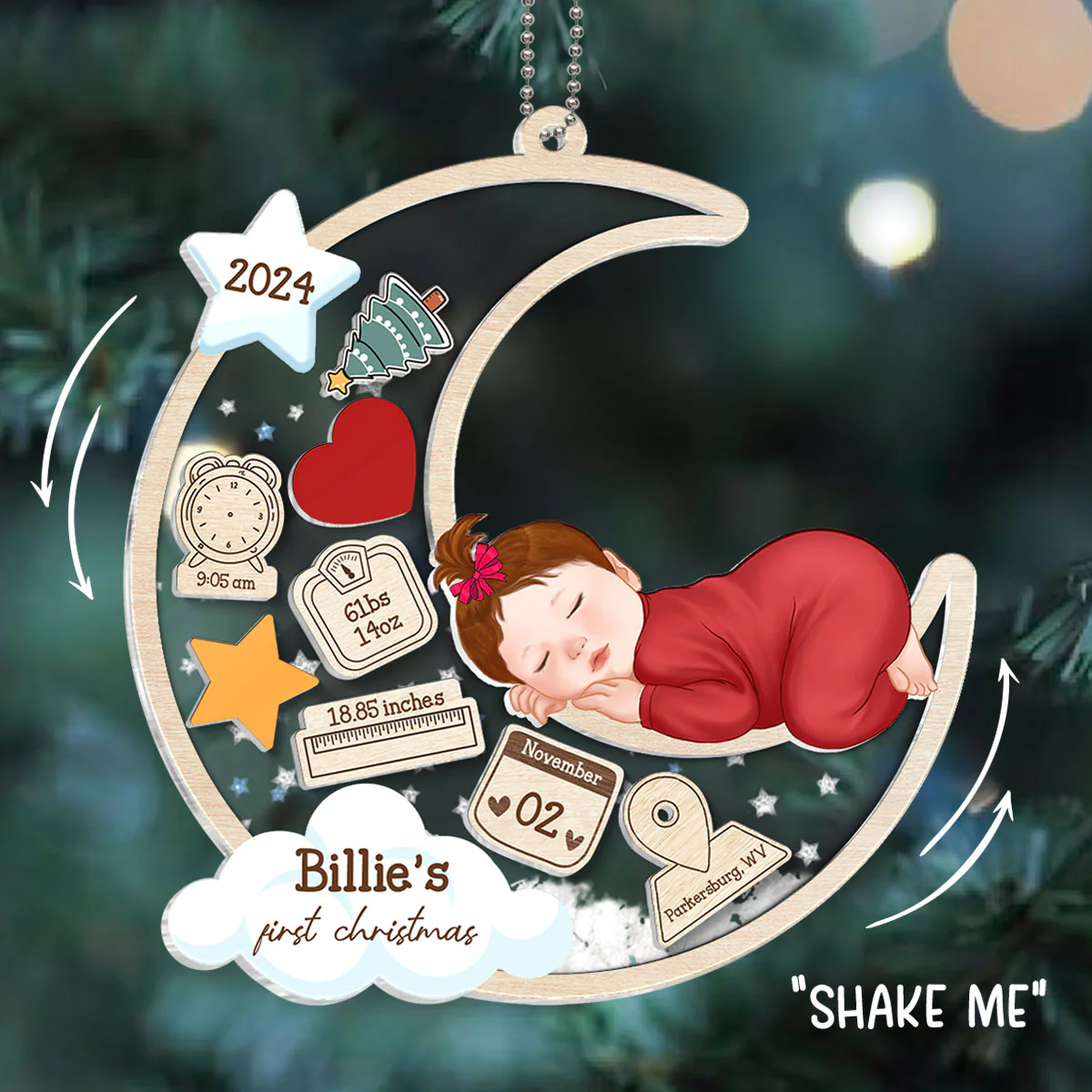 Baby Sleeping On Moon First Christmas Personalized 4D Shaker Ornament, Custom Newborn Gift - Image 3