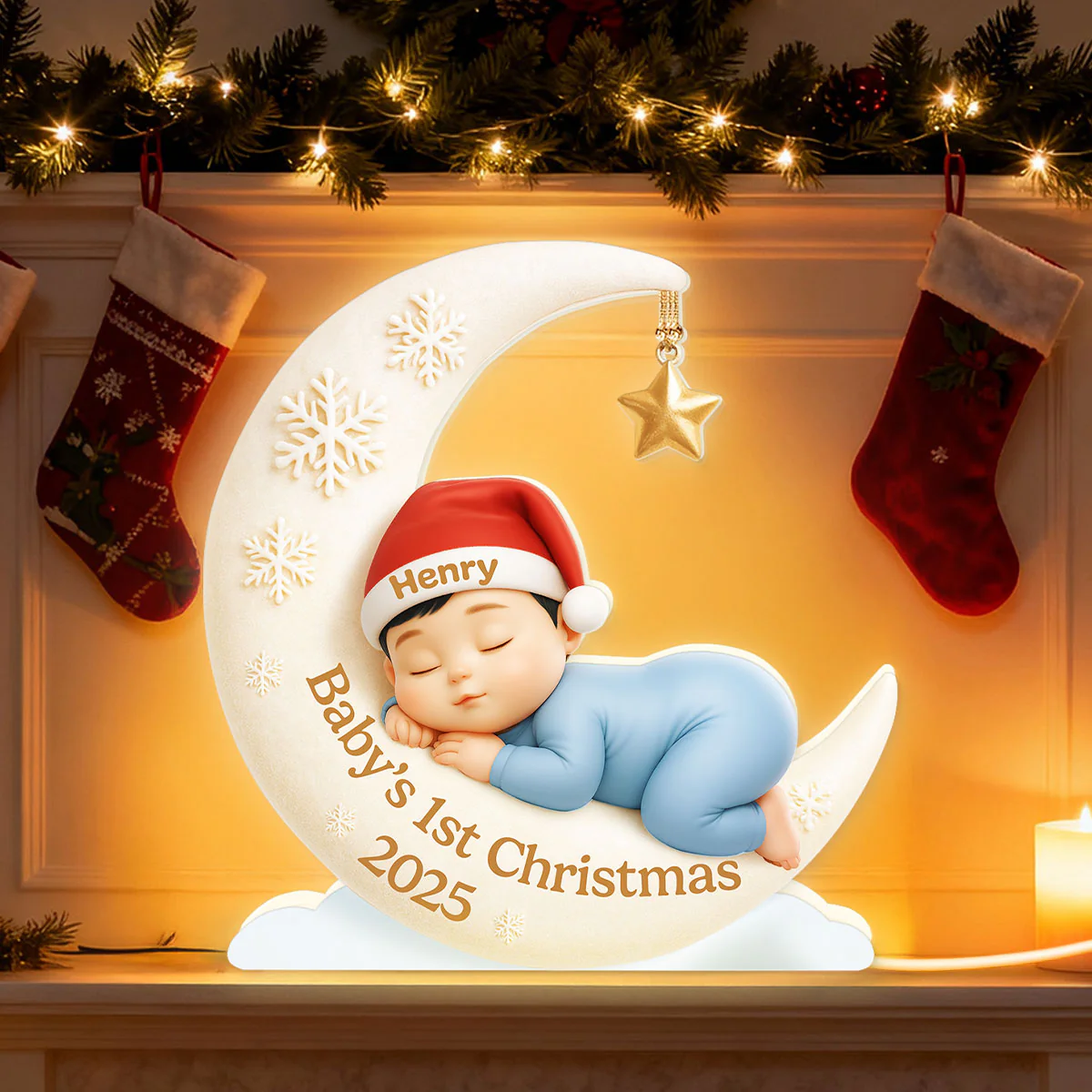 Baby Sleeping on Moon Nursery Lamp - Personalized Light Box - Baby's First Christmas Keepsake, Gift for Grandkids, Baby, Newborn - Image 3