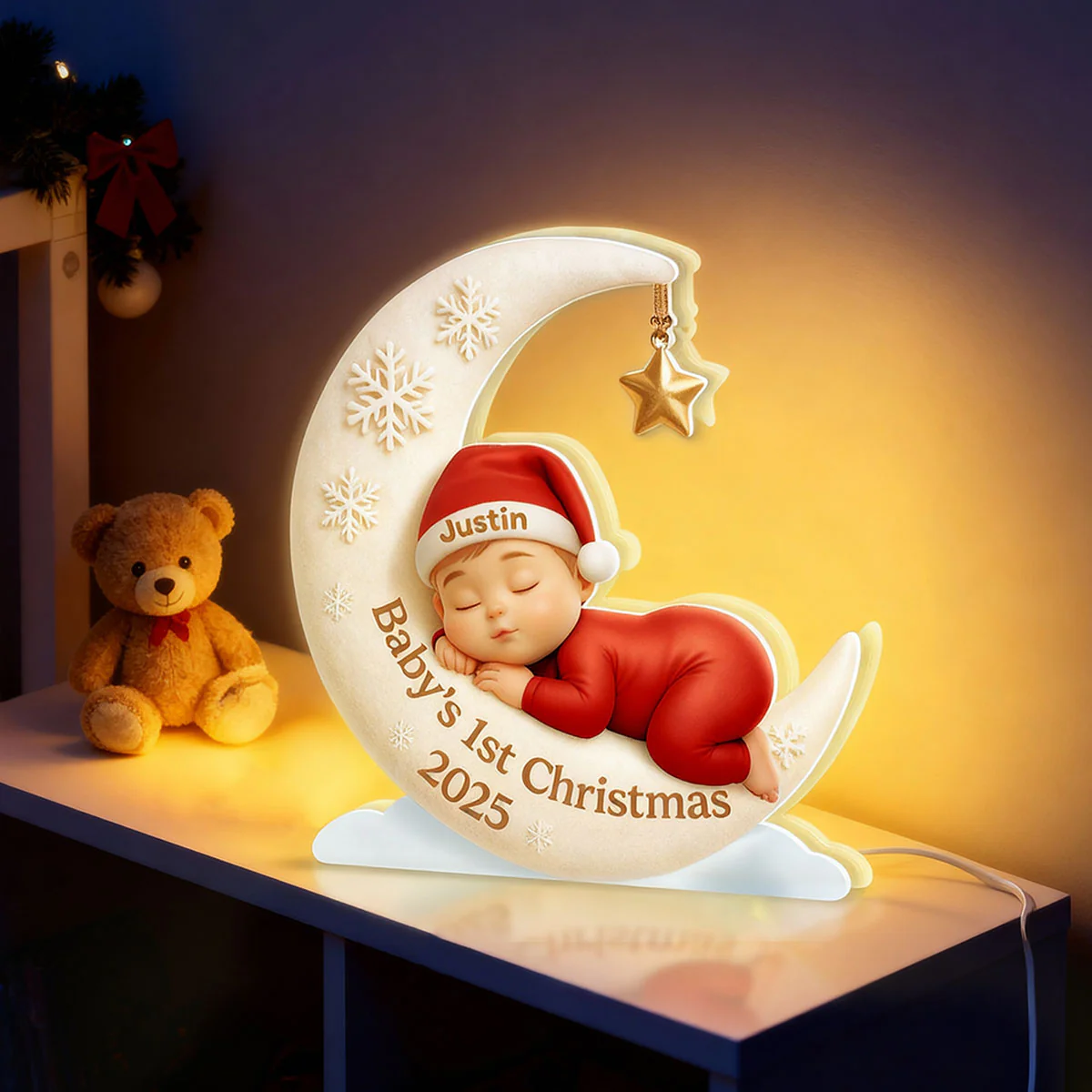 Baby Sleeping on Moon Nursery Lamp - Personalized Light Box - Baby's First Christmas Keepsake, Gift for Grandkids, Baby, Newborn - Image 4
