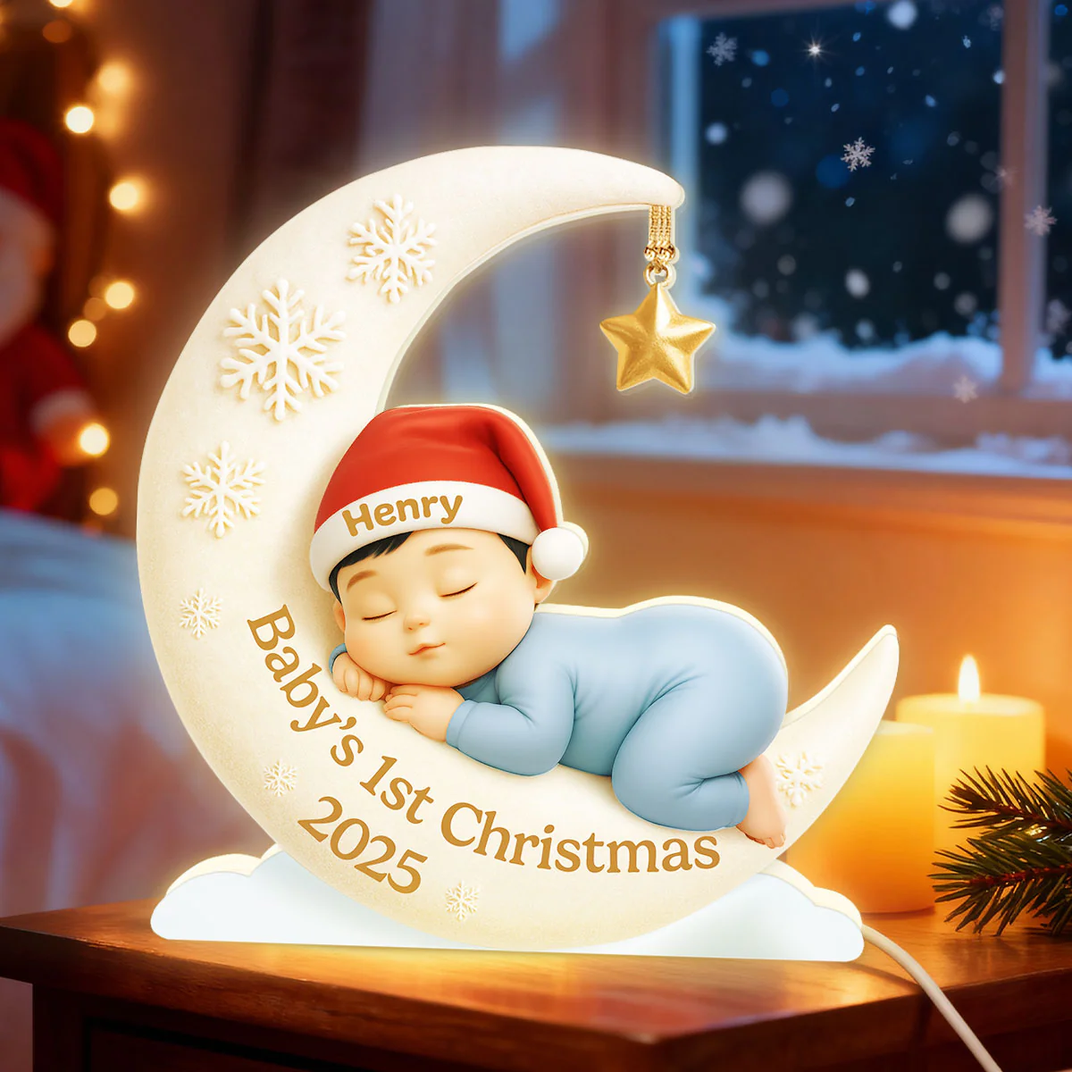 Baby Sleeping on Moon Nursery Lamp - Personalized Light Box - Baby's First Christmas Keepsake, Gift for Grandkids, Baby, Newborn - Image 5