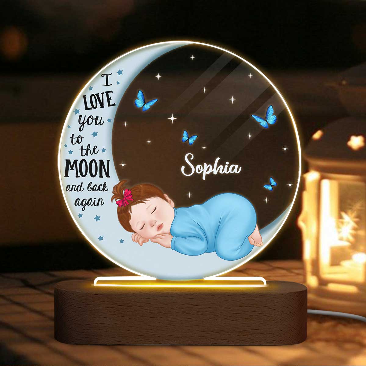 Baby Sleeping On Moon Personalized Circle LED Night Light - Image 3
