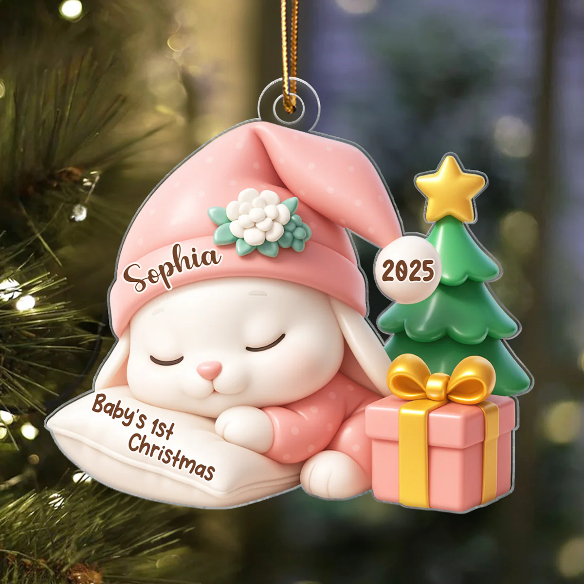 Baby's 1st Christmas Sleeping Bunny in Soft Pajamas Personalized Acrylic Ornament, Christmas Keepsake for New Mom, Dad - Image 2