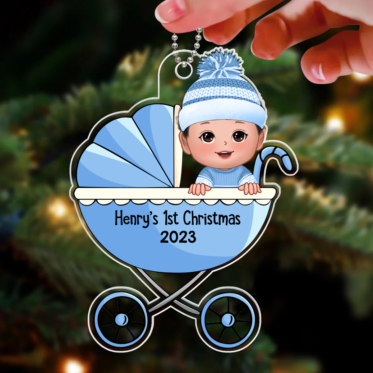 Baby‘s First Christmas Cute Baby In Stroller Personalized Acrylic Ornament - Image 3