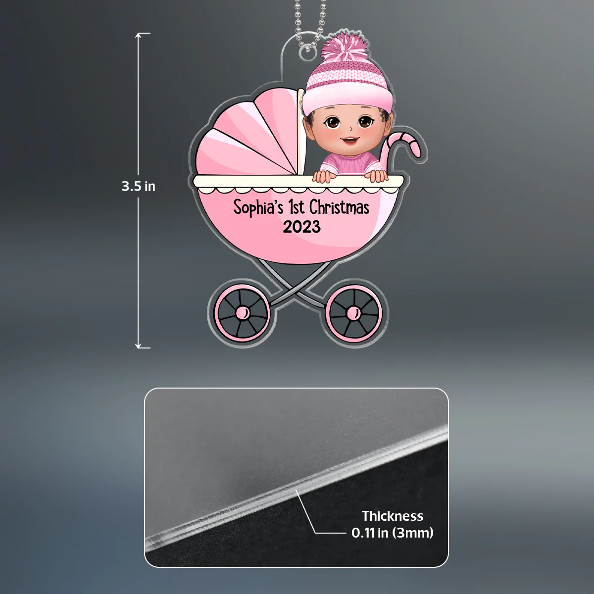 Baby‘s First Christmas Cute Baby In Stroller Personalized Acrylic Ornament - Image 4