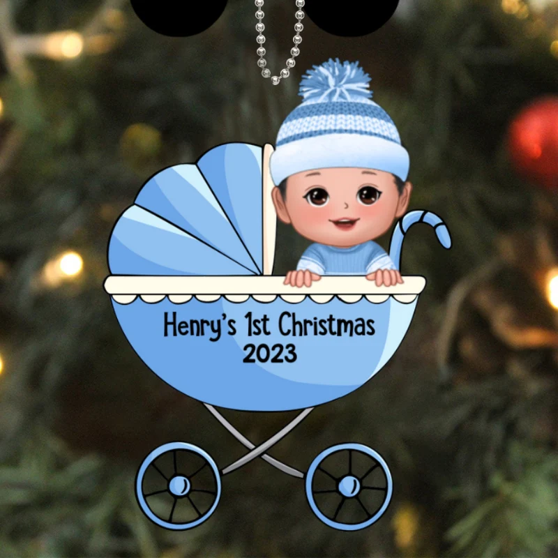 Baby‘s First Christmas Cute Baby In Stroller Personalized Acrylic Ornament - Image 5