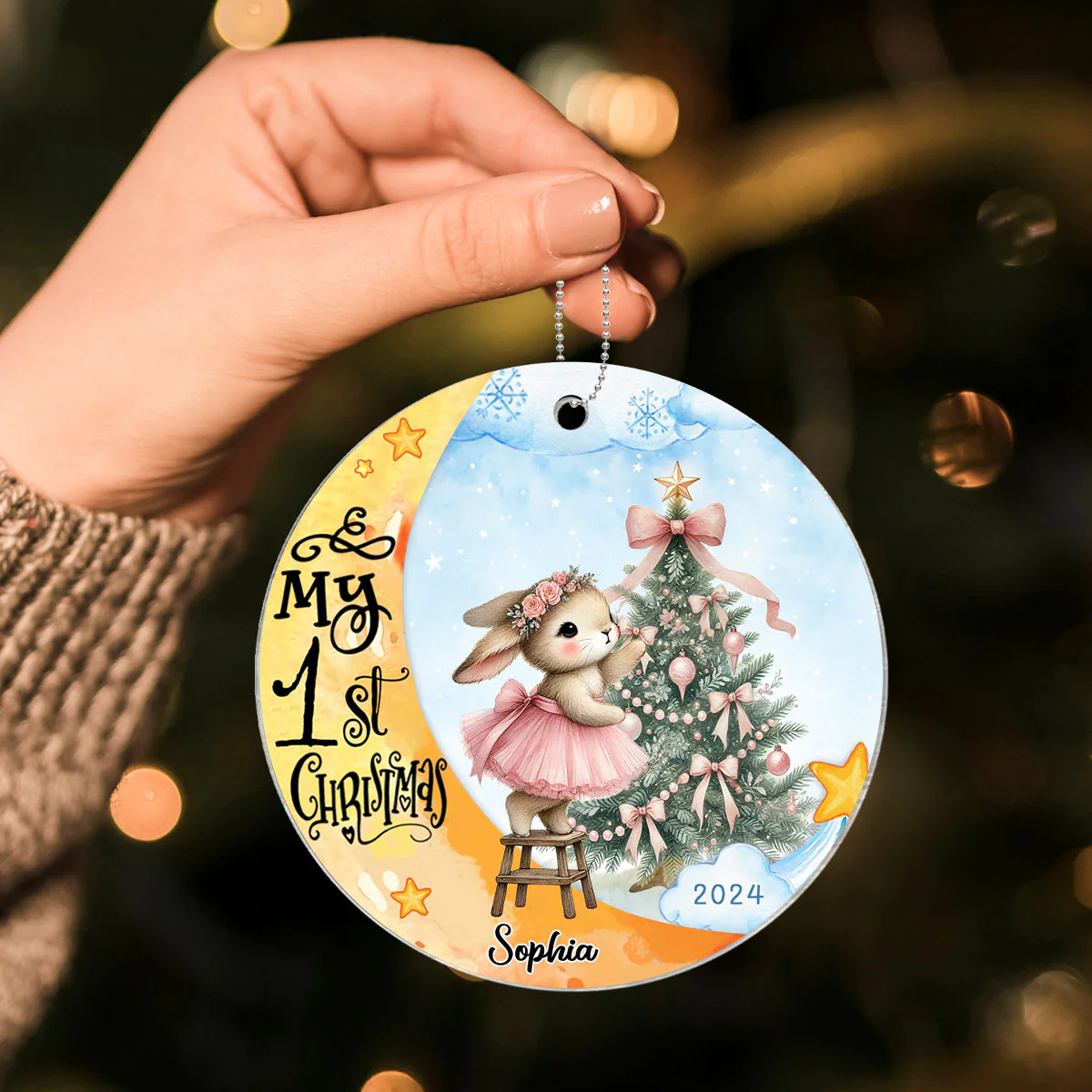 Baby's First Christmas Rabbit On Moon Personalized Acrylic Ornament, Baby's First Christmas Keepsake for New Mom New Dad - Image 4