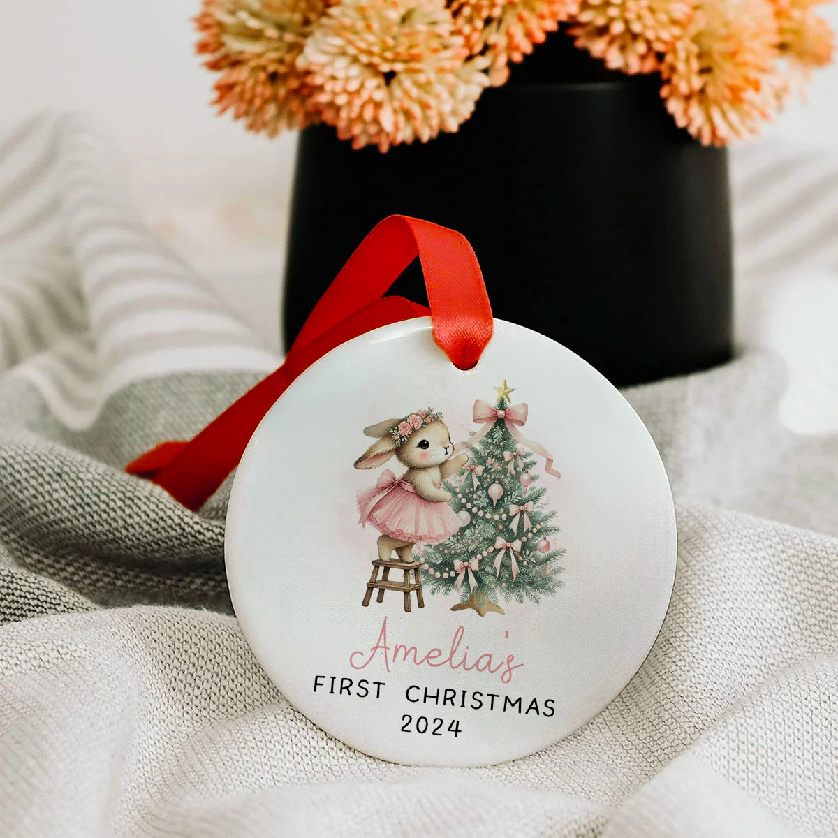 Baby's First Christmas Rabbit Personalized Circle Ceramic Ornament, Baby Girl Name Baby Shower Gift Keepsake - Image 3