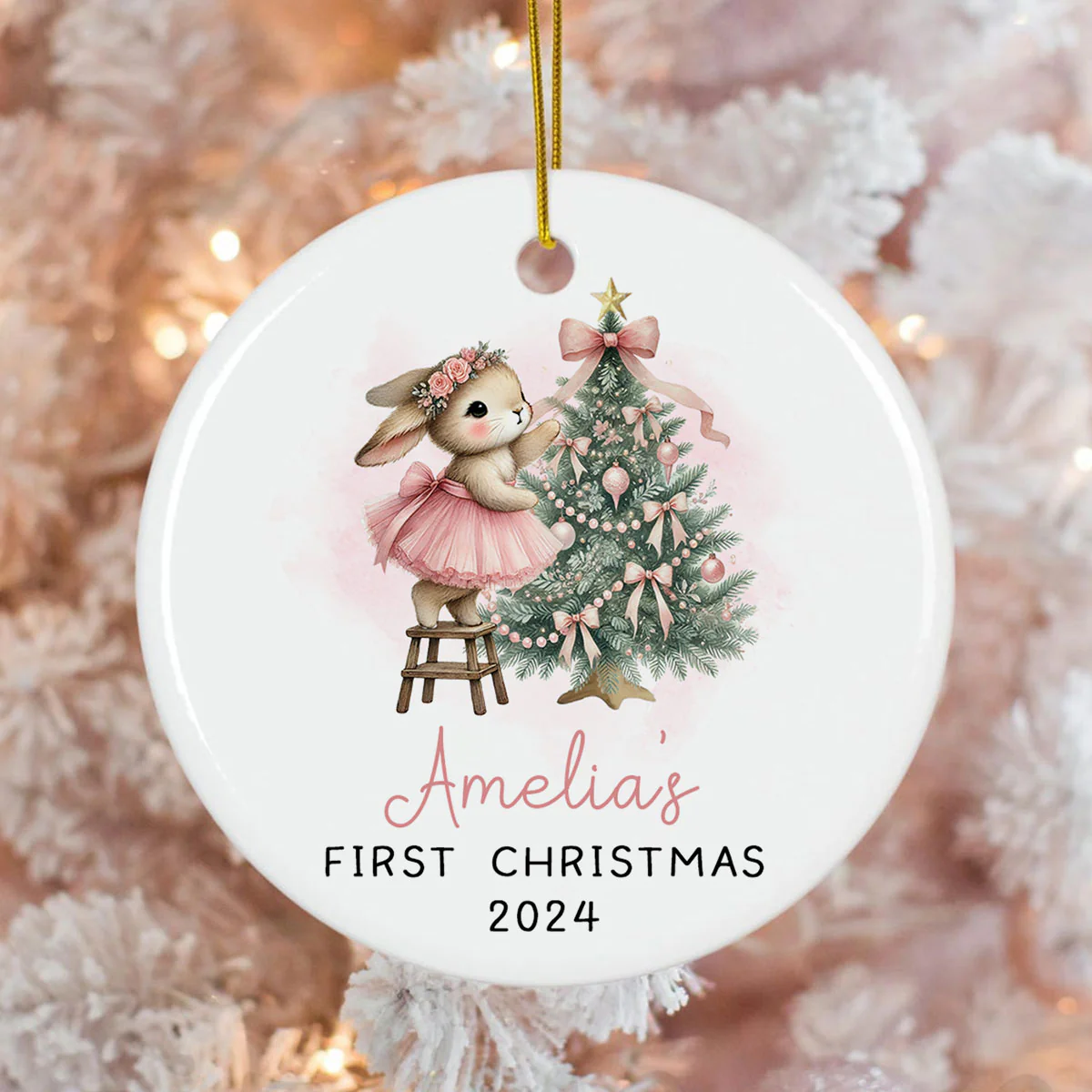 Baby's First Christmas Rabbit Personalized Circle Ceramic Ornament, Baby Girl Name Baby Shower Gift Keepsake - Image 4
