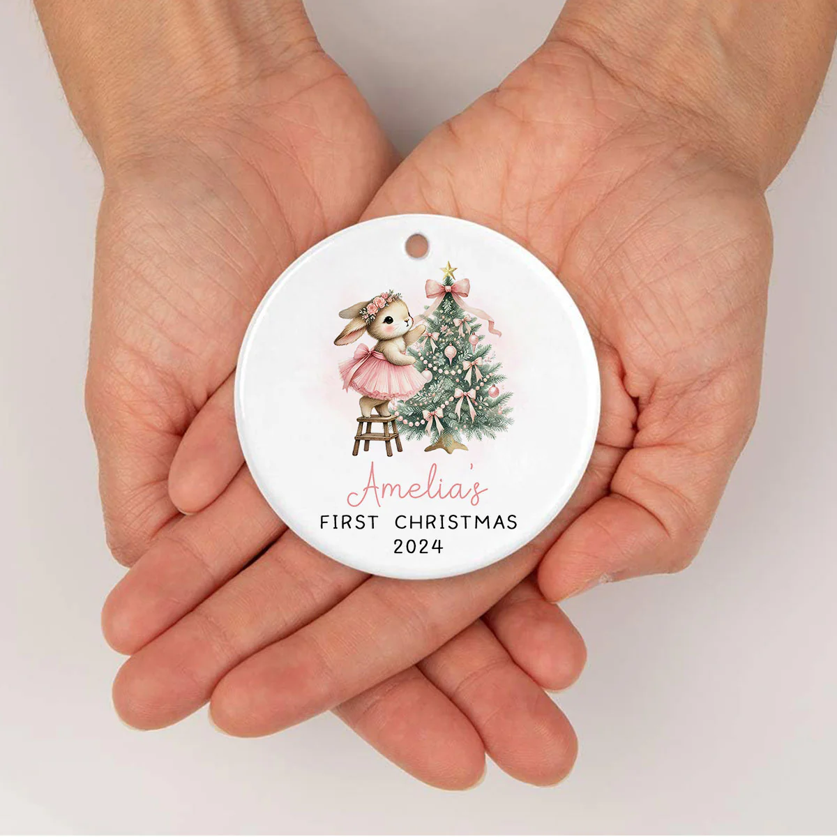 Baby's First Christmas Rabbit Personalized Circle Ceramic Ornament, Baby Girl Name Baby Shower Gift Keepsake - Image 5