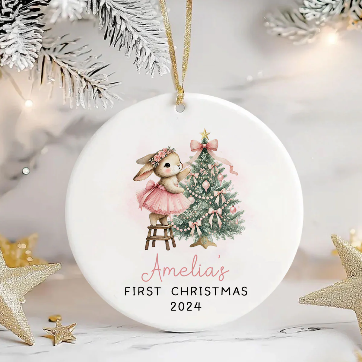 Baby's First Christmas Rabbit Personalized Circle Ceramic Ornament, Baby Girl Name Baby Shower Gift Keepsake - Image 6